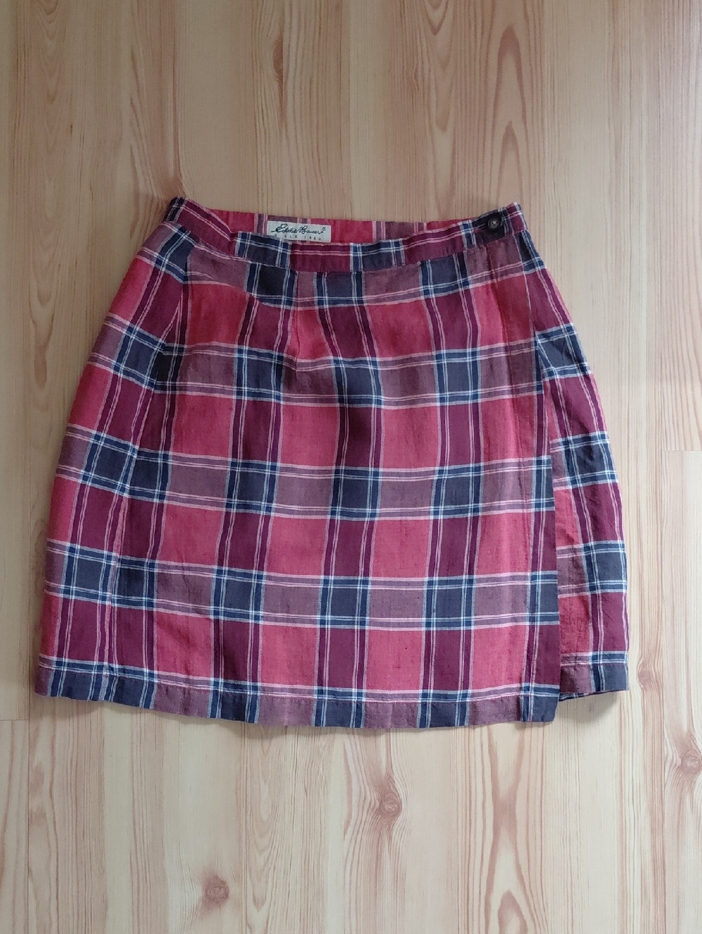 Eddie Bauer Linen Blend Red and Navy Plaid Mini Wrap Skirt